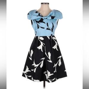Dan Liu designer fit and flare blue and black cocktail party dress, size 2